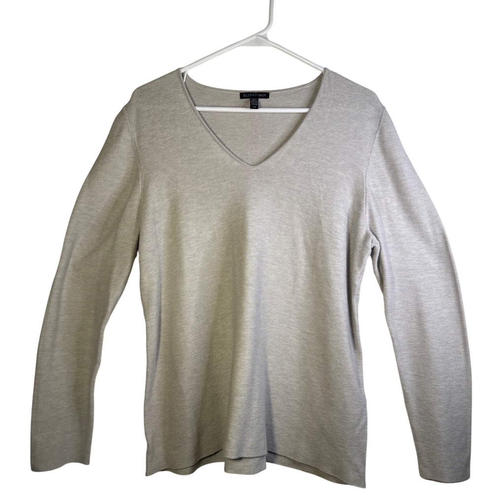 Eileen Fisher Organic Cotton Silk V-Neck Sweater Oatmeal Grey Large L